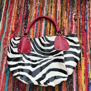 Zebra Print Handbag with Red Handles